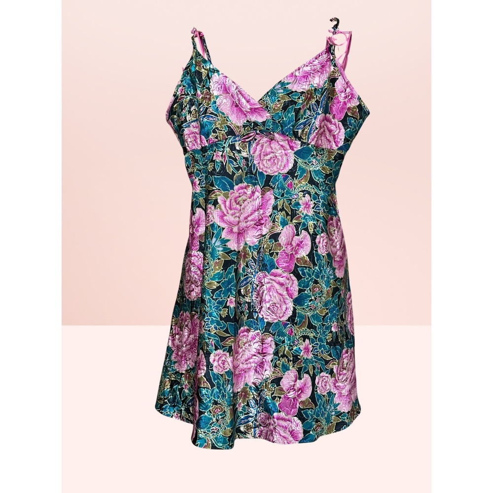 Cinema Etoile Y2K Floral Satin Chemise Nightgown Vintage Romantic Teal Pink S‎